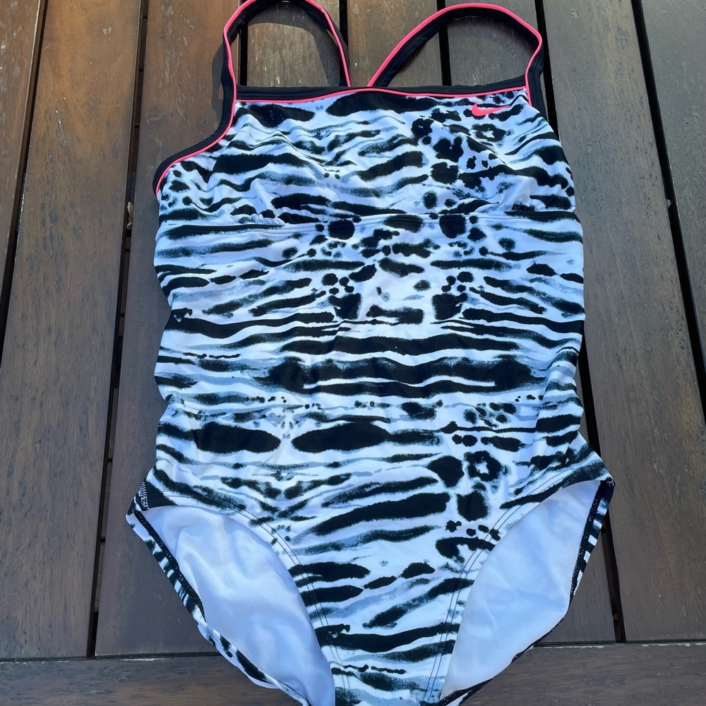 Nike Girls' Black & White Zebra Print One-Piece Swimsuit with Pink Trim